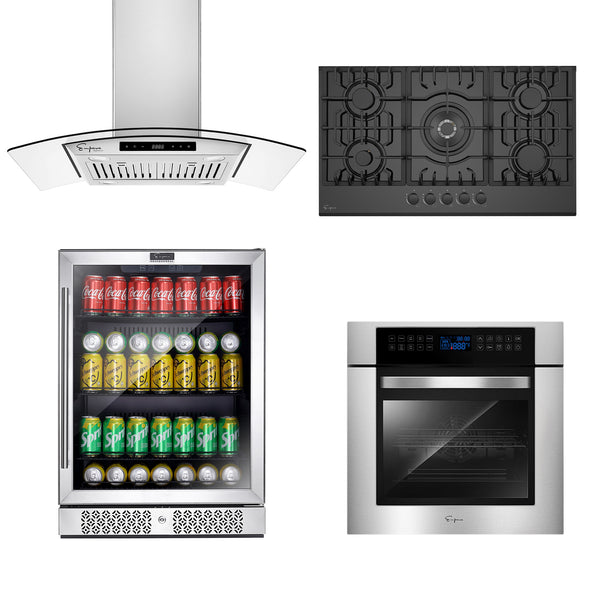 4 Pcs Kitchen Appliances Packages 24" Electric Oven & 36" Gas Cooktop & 36" Range Hood & Beverage Cooler -24WOC02 & 36GC27 & 36RH09 & BR02S