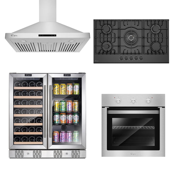 4 Pcs Kitchen Appliances Packages 24" Electric Oven & 36" Gas Cooktop & 36" Range Hood & Wine Beverage Cooler -24WOA01 & 36GC27 & 36RH04 & BR04D