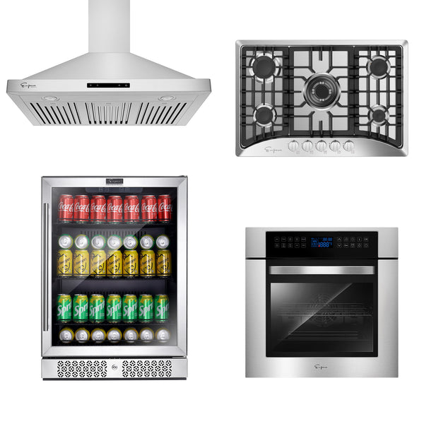 4 Pcs Kitchen Appliances Packages 24" Electric Oven & 30" Gas Cooktop & 30" Range Hood & Beverage Cooler -24WOC02 & 30GC5B70C & 30RH03& BR02S
